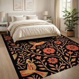 Vibrant Orange Birds Floral Pattern Area Rug