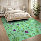 Mint Green Leaves Purple Flower Pattern Rug