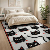 Black and White Kids Cartoon Playful Black Cat Cartoon Area Rug