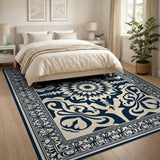 Black and White Navy Ivory Traditional Persian Medallion Rug