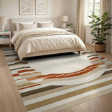 Modern Beige Striped Area Rug with Central Circle