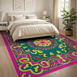 ODIKA Washable Bohemian Mandala Floral Area Rug - Pink & Teal Low Pile Non-Slip Rug