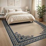 Elegant Navy Floral Border Beige Area Rug