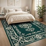 Ornate Dark Green Floral Border Area Rug