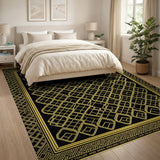 Bold Gold Geometric Lattice Area Rug on Black