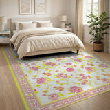 Pink Roses Yellow Blooms Floral Vintage Rug