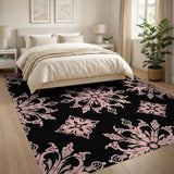 Ornate Pink Floral Medallion Black Area Rug