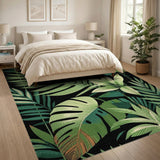 Lush Green Monstera Palm Leaf Area Rug on Black