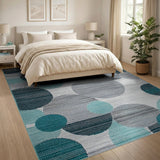Teal Grey Abstract Circles Modern Area Rug