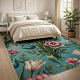Teal Tulip Floral Vintage Area Rug