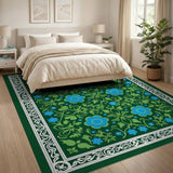 Emerald Green Blue Floral Vintage Area Rug