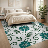 Blue and Teal Teal Floral Vine Swirl Area Rug
