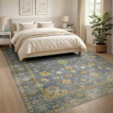 Grey Traditional Persian Rug with Gold Floral Accents