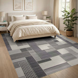 Washable Modern Geometric Grey Area Rug - Low Pile & Non-Slip