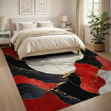 ODIKA Modern Abstract Marble Red & Black Washable Area Rug - Low Pile Non-Slip Non-Shedding