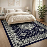 Navy Persian Trellis Area Rug with Floral Medallion