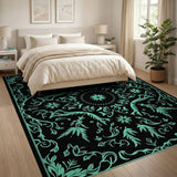 Teal Floral Medallion Area Rug on Black