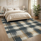 Distressed Grey Tan Plaid Area Rug