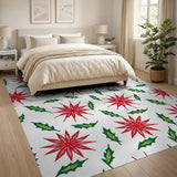 Festive Red Poinsettia Holly Leaf Area Rug