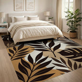 Abstract Black Monstera Leaves Beige Area Rug