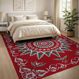 Vibrant Red Mandala Area Rug with Green Foliage