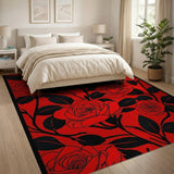 Bold Red Roses Black Leaves Area Rug