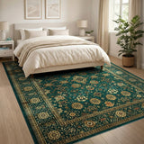 Teal Persian Area Rug with Gold Motifs