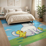 Adorable White Fluffy Dog with Playful Chicks Cartoon Rug