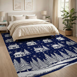 Navy Blue Snowy Cottages Trees Area Rug