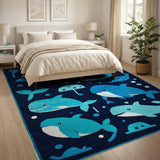 Blue and Teal Cute Cartoon Whale Ocean Kids Area Rug