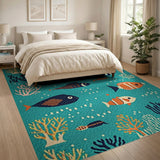 Vibrant Teal Fish Coral Coastal Area Rug
