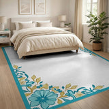Blue and Teal Teal Floral Border Area Rug