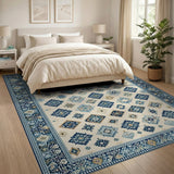 Ivory Blue Diamond Geometric Tribal Area Rug