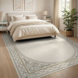 Beige and Neutral Elegant Ornate Floral Border Beige Area Rug