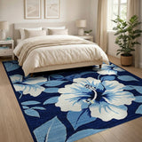 Navy Blue White Hibiscus Floral Area Rug