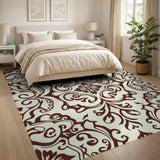 Vintage Brown Damask Floral Area Rug