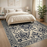 Beige and Neutral Ornate Black Floral Persian Area Rug