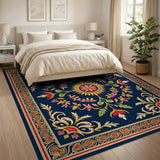 Navy Persian Medallion Rug with Vibrant Floral Border
