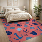 Coral Pink Nautical Anchors Shells Leaves Rug