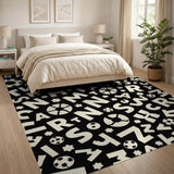 ODIKA Modern Alphabet Typographic Washable Area Rug - Black & Cream, Low Pile, Non-Slip, Pet & Kid Friendly