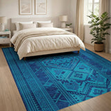 Blue Teal Heritage Tribal Geometric Area Rug
