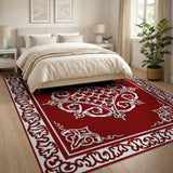 Ornate Red Persian Area Rug with Intricate White Motifs