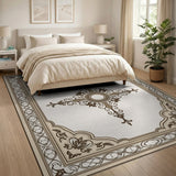 Ornate Beige Floral Frame Area Rug