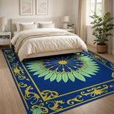 Navy Blue Gold Floral Sunburst Medallion Rug