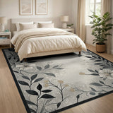 Grey Floral Vintage Area Rug with White Blossoms