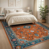 Vibrant Orange Persian Area Rug with Teal Accents