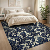 Elegant Navy Blue Acanthus Leaf Area Rug