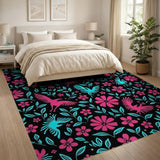 Vibrant Pink Teal Birds Floral Area Rug