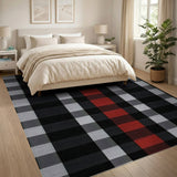 Modern Black Grey Red Plaid Check Area Rug