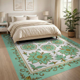 Teal Lotus Floral Vintage Area Rug with Gold Accents